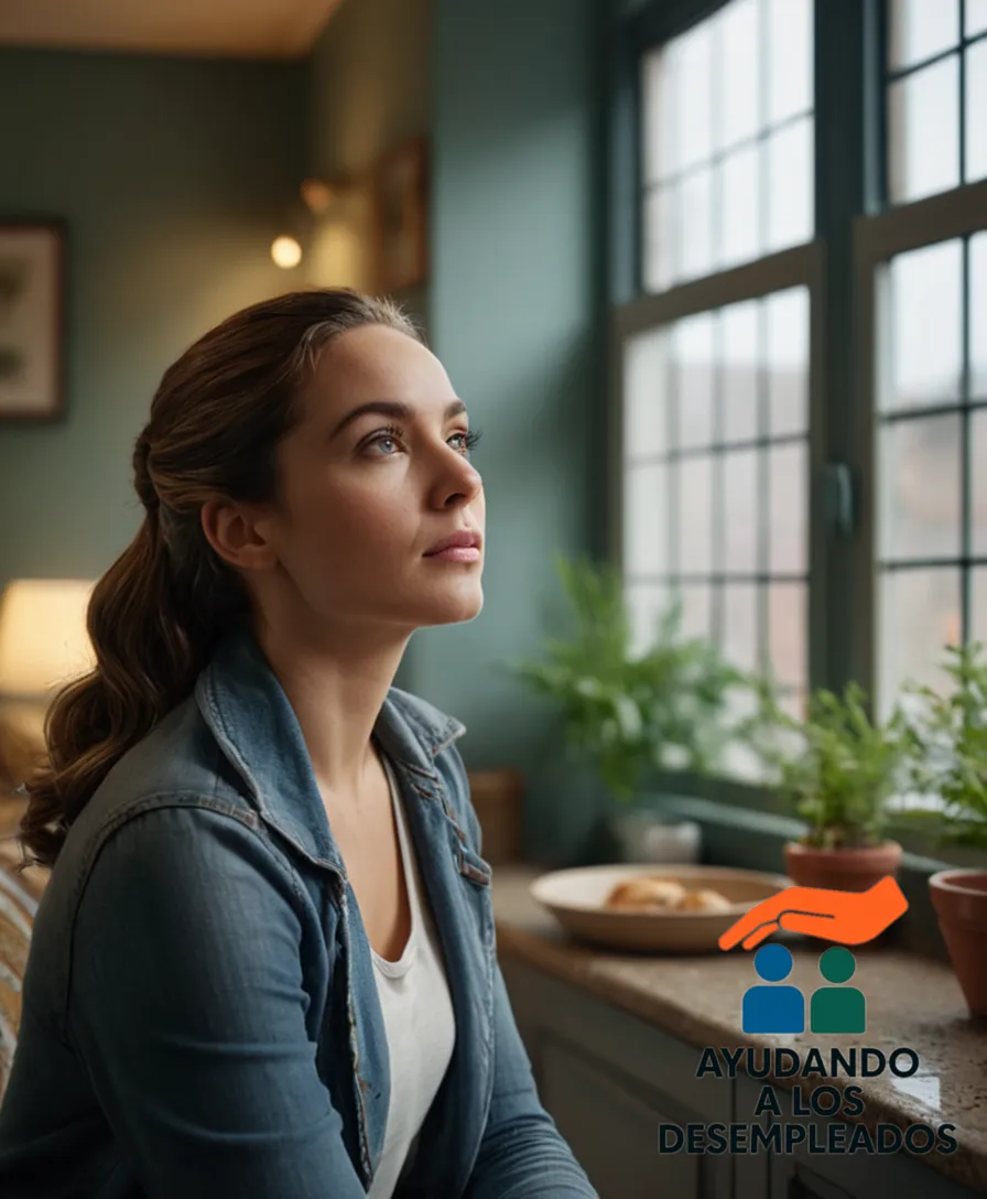 A humble, yet carefully decorated living room of a small apartment, with a young woman sitting on a modest couch, surrounded by personal belongings, opposite a kitchen area with a worn-out stove and a single window looking out onto a drizzly urban street.