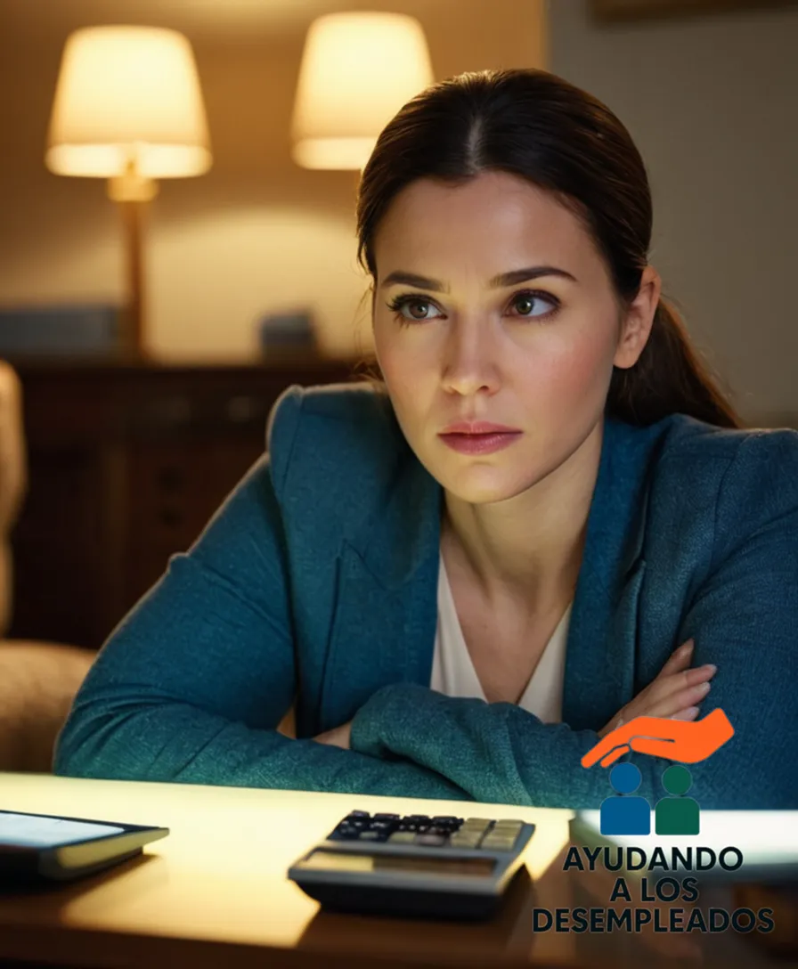 a somber-looking woman in her mid-30s, sitting at a cluttered living room desk with stacks of unpaid bills and credit notices behind her, staring down at a calculator with a forlorn expression, as the unforgiving glare of a fluorescent light above casts a dismal ambiance.