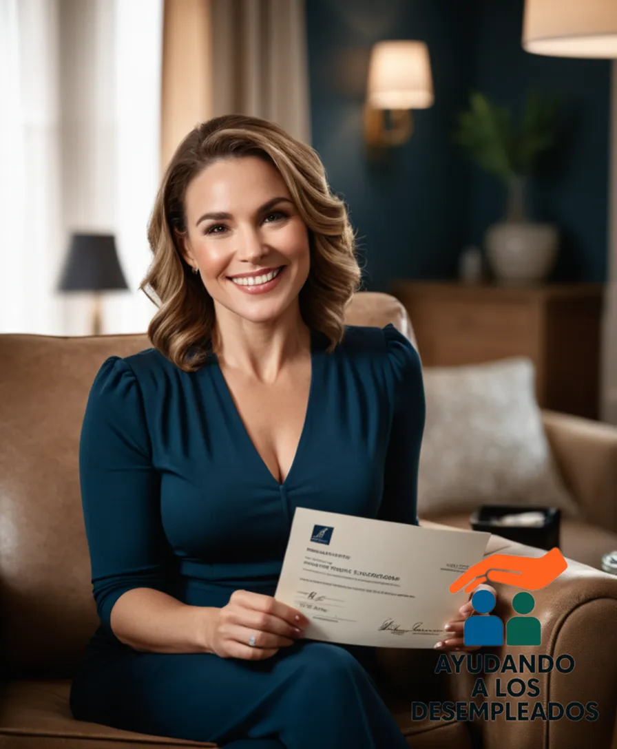 a warm and inviting living room with natural light pouring in through large windows, featuring a middle-aged woman smiling as she holds a signed paperwork and certificate from Seguridad Social, surrounded by photos of her family on a clutter-free shelf above an armchair.