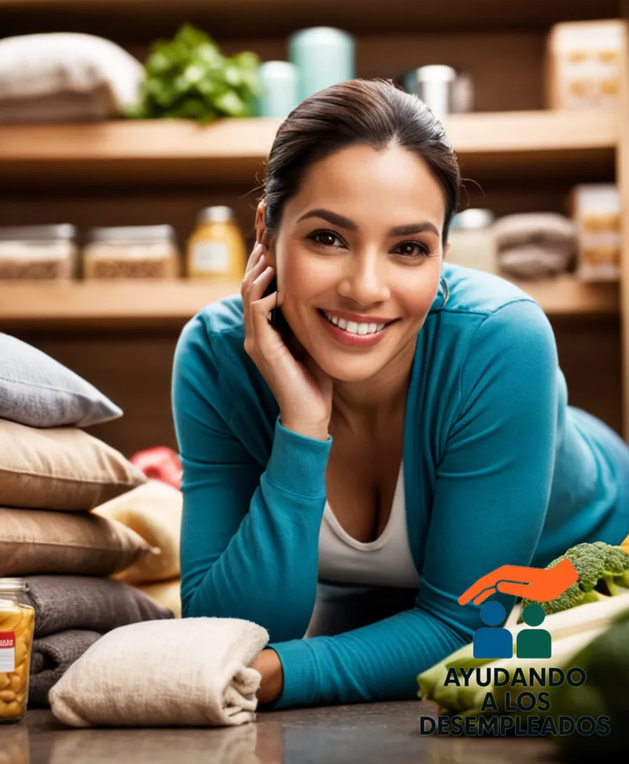 a middle-aged person of Latino descent, seated on the floor surrounded by neatly stacked groceries and laundry, wearing a warm smile as they hold a smartphone displaying a budgeting app, set against a humble yet tidy living room backdrop.