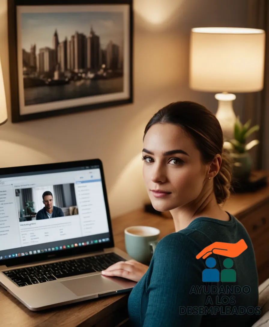 a realistic illustration of a young adult sitting in their modest living room, surrounded by framed family photos on the walls, holding a worn laptop and looking at a screen displaying a job search website or spreadsheet, amidst the muted tones of a studio apartment's neutral furnishings.