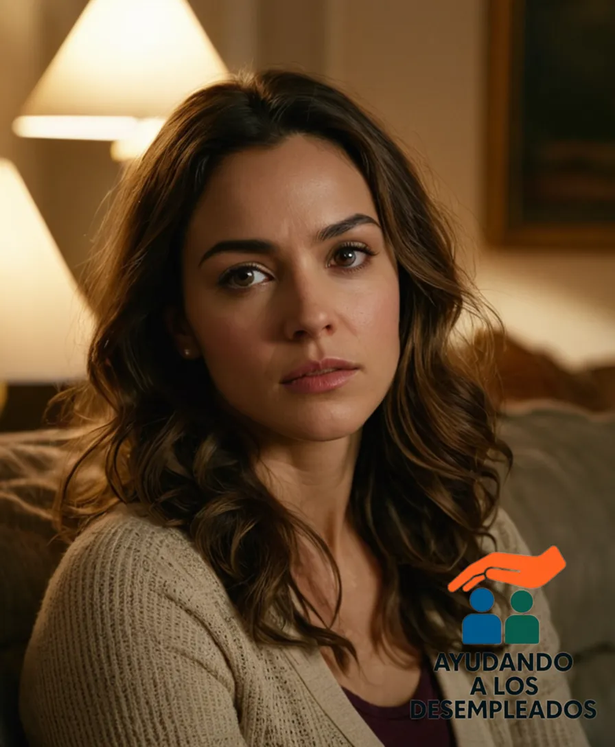 A solemn-looking young woman in her late 20s, sitting on the edge of a worn-out couch in a modest Spanish apartment, surrounded by empty walls and scattered belongings, looking frazzled as she holds a stack of paperwork on