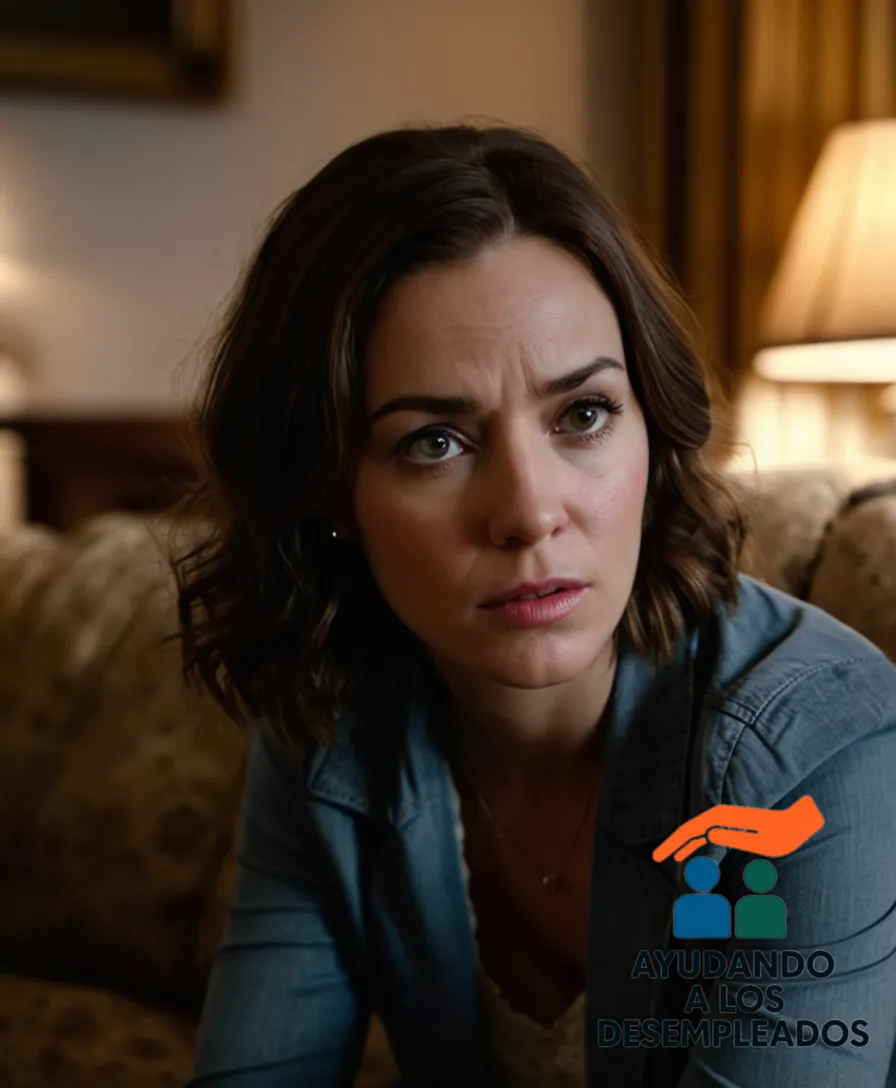A close-up of a worried-expression young woman in her mid-twenties, sitting on a worn-out couch in a small, dimly lit living room with peeling paint and faded curtains, surrounded by scattered papers, highlighting legal documents and foreclosure notices amidst the chaos.