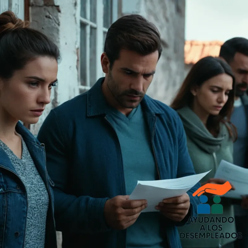 A desolate, abandoned house in an urban Spanish context, with peeling walls, overgrown weeds, and a rusty front door left ajar, while in the foreground, a group of people with worried expressions holding documents and standing together, surrounded by cityscape and atmospheric shadows.