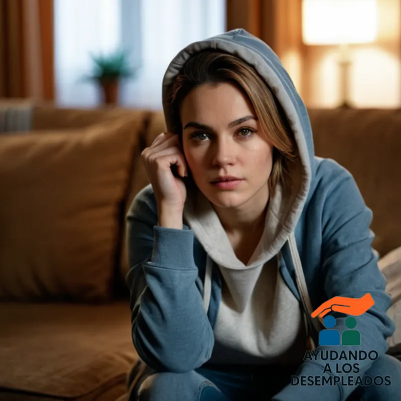 A solemn-looking young woman in her mid-twenties, dressed in worn-out jeans and a faded hoodie, sitting on a worn couch in a small, dimly lit living room, with stacks of unpaid bills and eviction notices scattered across the coffee table.