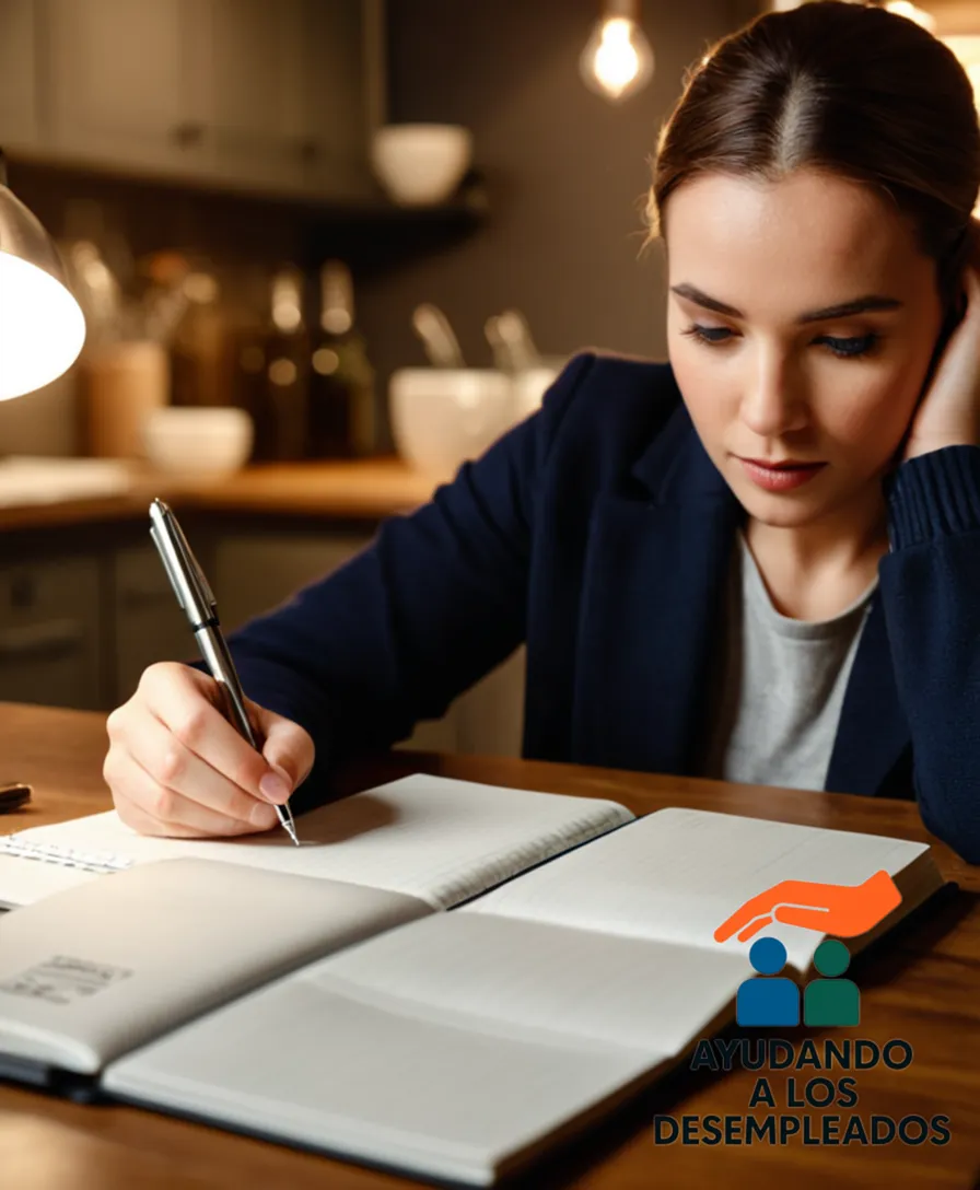 a close-up of a person's hands holding a sturdy notebook and a pen, surrounded by scattered papers, receipts, and a smartphone displaying screenshots of financial calculations, all set against a blurred background of a dimly lit kitchen table, conveying a sense of anxious planning.