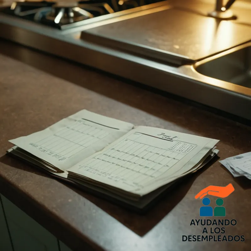 a close-up of a worn wallet on a cluttered kitchen countertop, open to reveal crumpled bills, faded receipts, and a handwritten list of expenses next to a calendar marked with due dates, amidst a dimly lit room with faint shadows highlighting the weight of debt.