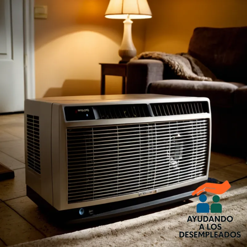 A worn-out air conditioning unit, a budget-friendly Calentador electric heater sitting next to it on a cluttered living room floor, amidst stained floor tiles, dusty furniture, and dimly lit shadows, echoing the struggles of an unemployed household.