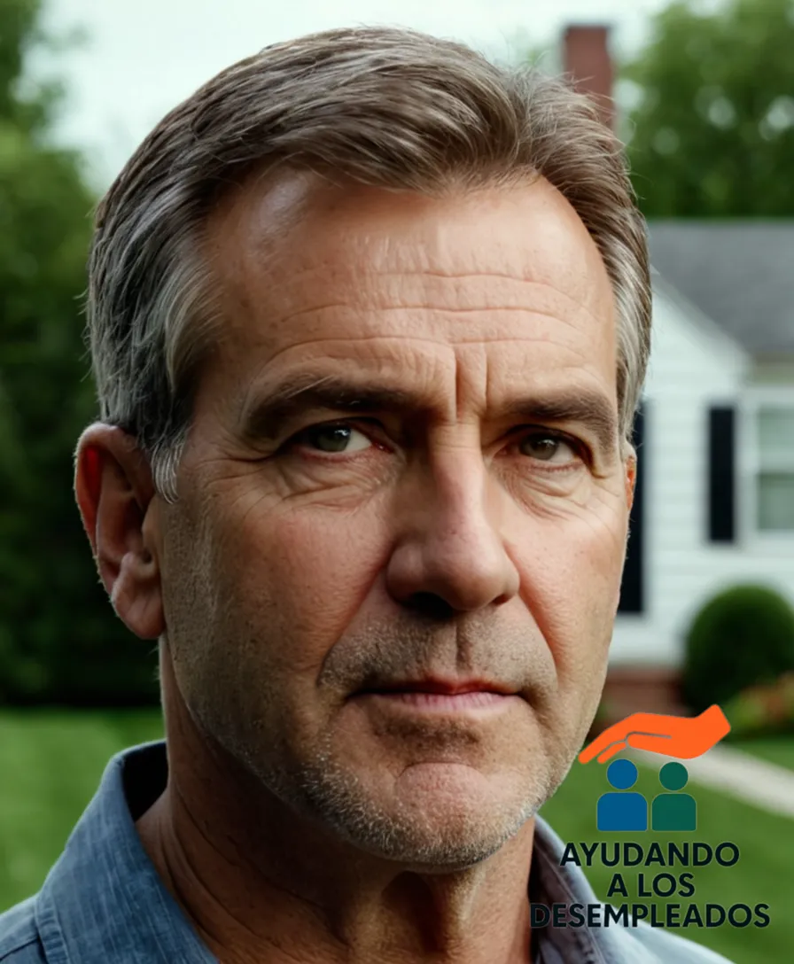a weathered middle-aged homeowner standing in front of their modest suburban home, surrounded by neatly manicured overgrown lawn and cracked sidewalks, with a faintly seen for-sale-by-owner sign on the fence, and a subtle hint of despair etched on his worn face.