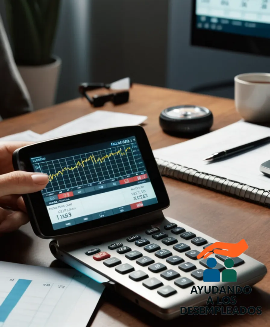 A hand holding a mobile phone with an open laptop screen displaying a calculator and some financial charts in the background, set against a plain and pale-colored table with only scattered papers, to create a simple, yet focused atmosphere of cost-cutting research.