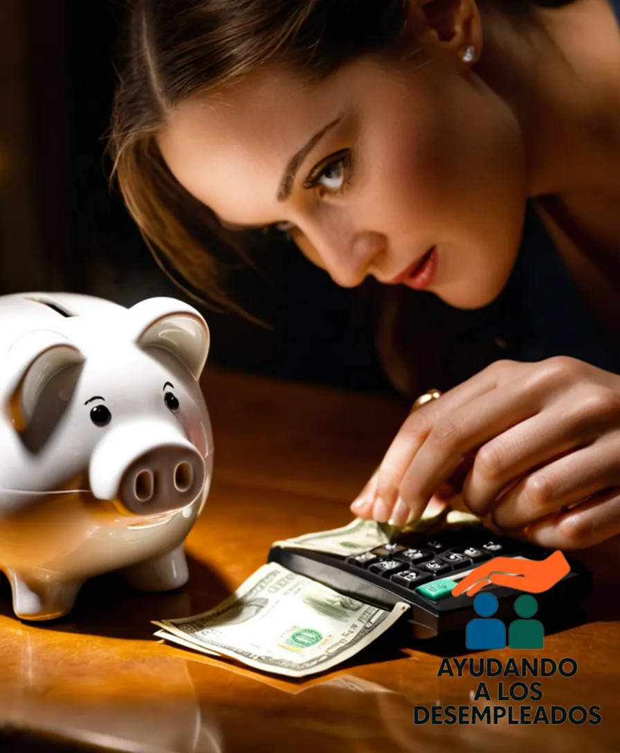 The image shows a close-up of a woman's hands as she carefully measures her savings in cash from an overflowing piggy bank placed on top of an old, wooden table covered with bills and receipts, near a faintly lit laptop displaying a spreadsheet of expenses, set against the blurred background of a humble kitchen with LED light bulbs dimmed for energy efficiency.