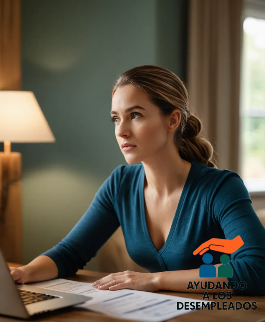 A young woman sitting at a small wooden desk in her modern living room, surrounded by bank statements and financial documents, gazing worriedly at a laptop screen displaying a mortgage payment schedule on it, while outside the window reflects her anxious expression.