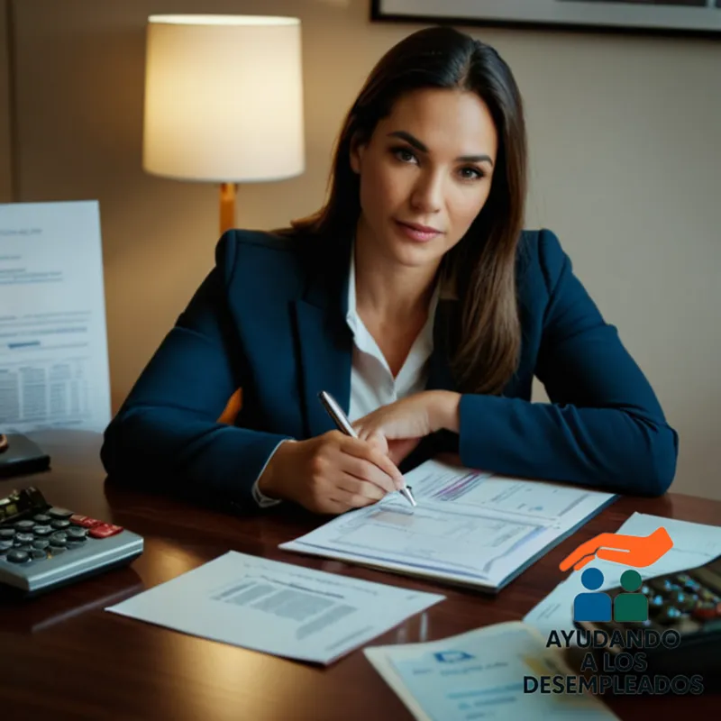 a photograph of a person sitting at a wooden desk in their home office, surrounded by papers, pens, and calculators, with a worn passport and a document from the employment office ( Instituto Nacional de Empleo) on the table in front of them, alongside a computer screen displaying an open banking or financial software window, where they are navigating refinancing options for their mortgage.