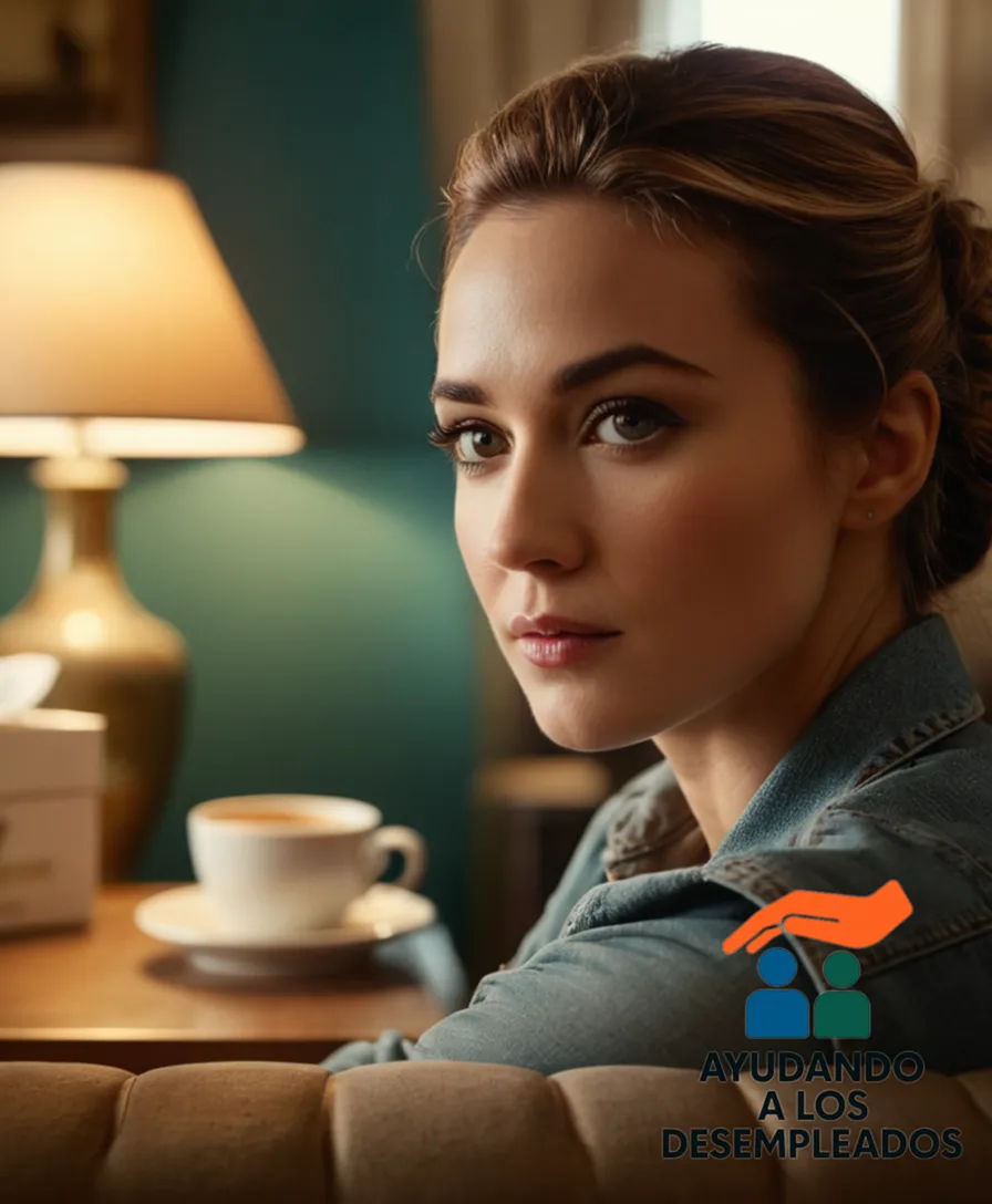 a person in a domestic environment, likely their home, sitting on a worn-out couch in front of a cluttered coffee table adorned with thrift store finds and scraps of paper, amidst faded posters and half-packed boxes.