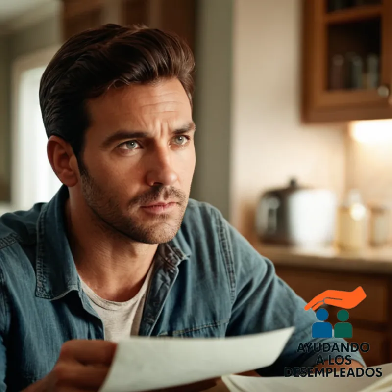 a warm and intimate scene of an unemployed international worker sitting at their kitchen table, staring intensely at a stack of papers, bills, and documents in disarray, surrounded by the quiet comforts of home, with a concerned expression on their weary face.