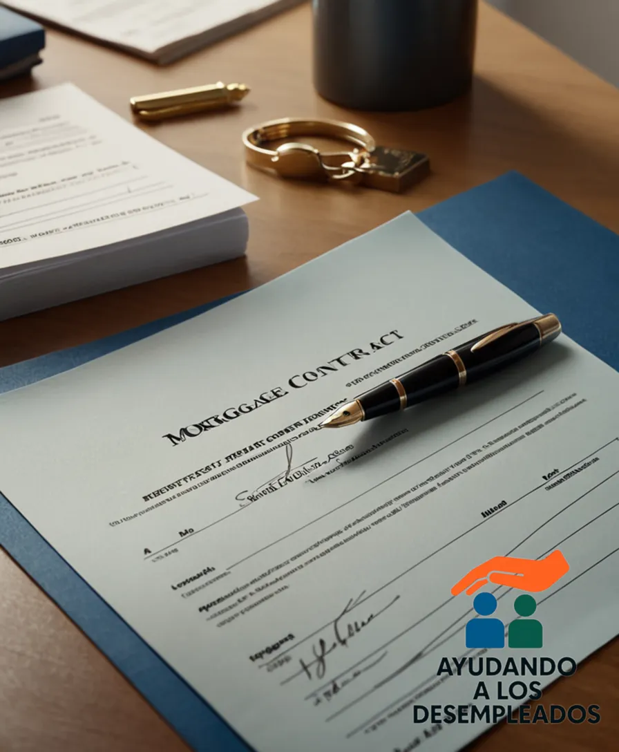 A detailed close-up of a handwritten mortgage contract, partially filled out on a cluttered desk amidst a scattered arrangement of keys, pens, and utility bills in shades of muted gray blue, against a warm beige background reminiscent of a home office.