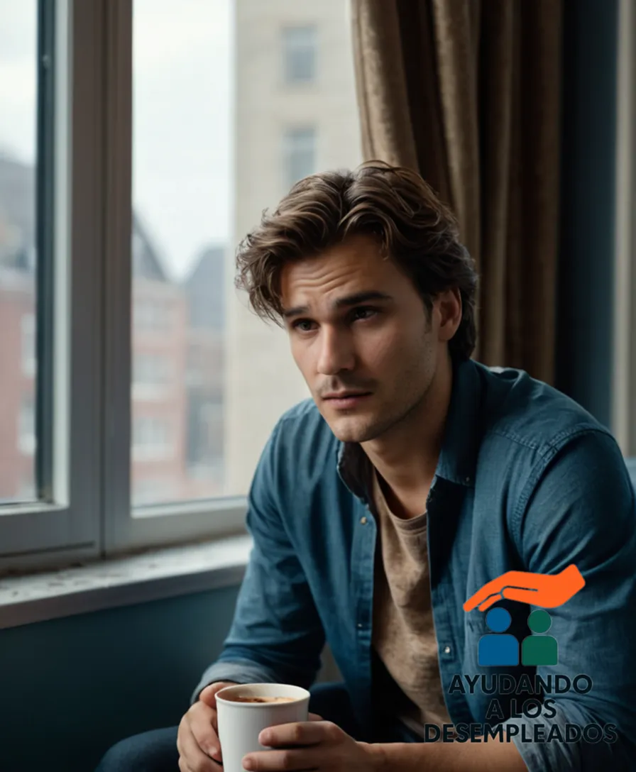 a somber-faced young man in his mid-twenties, sitting on a worn-out couch with stained coffee cups surrounding him, sporting a rumpled shirt and disheveled hair, gazing out of a cluttered apartment window onto a gray cityscape.