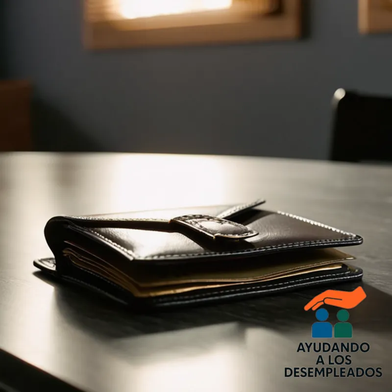 a worn-out wallet held in one hand on top of a stack of unpaid bills and an eviction notice on a cluttered desk with a gray wall background, emphasizing financial stress for someone out of work.