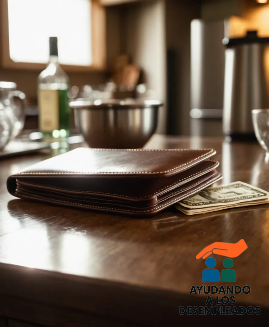 a close-up of a disheveled wallet on a cluttered kitchen table, its worn leather cover cracked open to reveal a handful of unpaid bills and utility notices scattered amongst old photographs of a family's happier times, in muted, natural light.