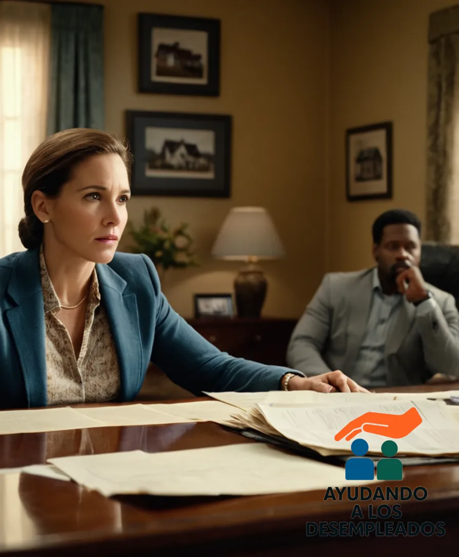 A dimly lit room with a cluttered desk in the center, where stacks of unpaid bills and notices from creditor banks lie alongside a large, worn-out family picture, with a foreclosed home's foreclosure notice visible behind the photo on the wall, conveying a desperate financial situation.