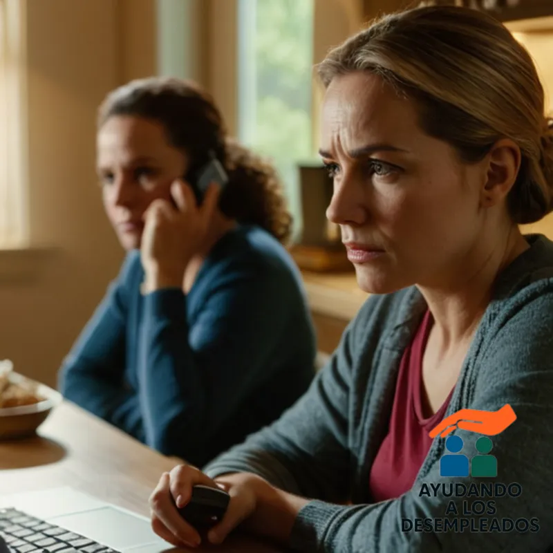 A weary-looking jobless claimant sitting at a cluttered kitchen table with unpaid bills and notices of foreclosure stacked on one side, amidst the bleak background of a worn-out apartment's living room, holding a phone with a concerned expression as they stare at their laptop screen displaying their pending unemployment benefits.