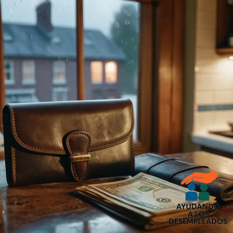 a worn, distressed wallet lying open on a cluttered kitchen table, with stacks of unpaid bills, a mortgage statement, and a stern-looking bank notification letter peeking out amidst the chaos, while a worried expression is reflected in the steam-covered kitchen window.