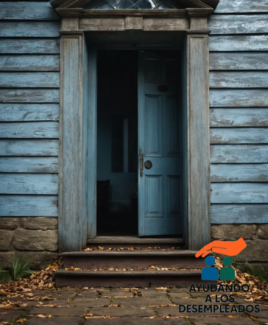 a dramatic close-up of a humble but dilapidated single-family home's front door, worn wooden boards adorned with rusted metal hinges, and dry leaves littering the crumbling stone path leading up to it, set against a grey-blue sky with ominous dark clouds, conveying a sense of foreboding.