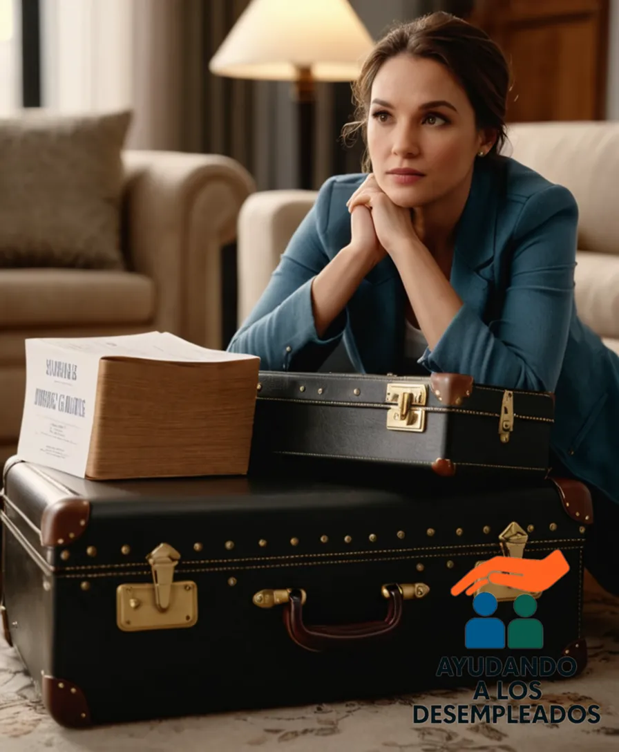 A person sitting next to an open suitcase on their living room floor, with eviction notice papers on the couch beside them, amidst a sparse and cluttered background, conveying feelings of uncertainty and hardship during economic crisis, in a well-lit and realistic urban setting.