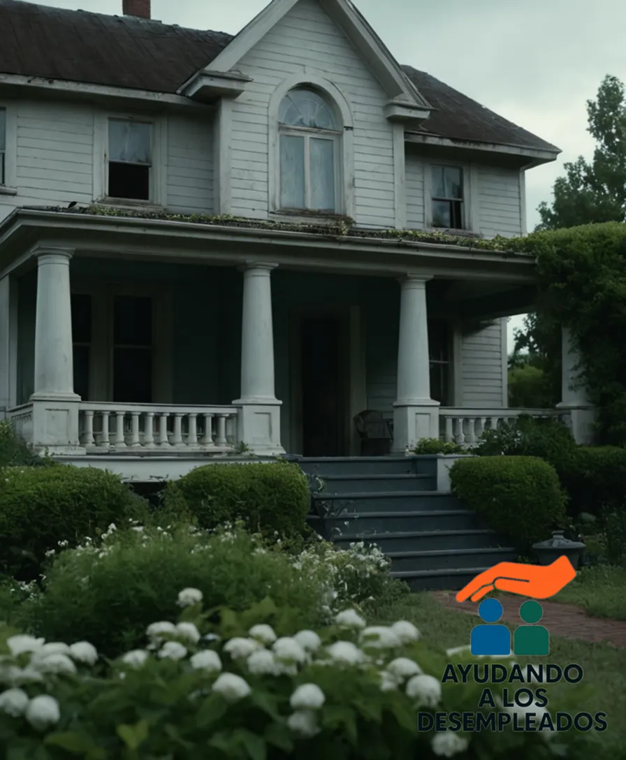 A heart-wrenching scene of a single-story suburban house in disrepair, its once-white facade now stained with mildew and dirt, surrounded by overgrown bushes and wilting flowers, conveying desperation and mortgage struggles under financial strain.