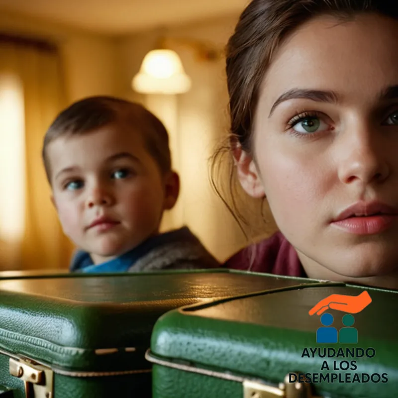 a photograph of two adults, clearly worn out and distressed, with suitcases and children's toys scattered behind them in a messy living room, with peeling walls and flickering fluorescent lights overhead, a stark reminder of economic hardship.