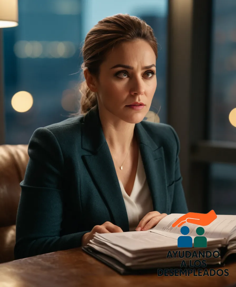 a person in their mid-30s sitting on a worn-out couch in front of a cluttered table, with a cityscape blurred behind them through a window; they are holding a small stack of paperwork and gazing down at it, with a mix of desperation and determination etched on their face.