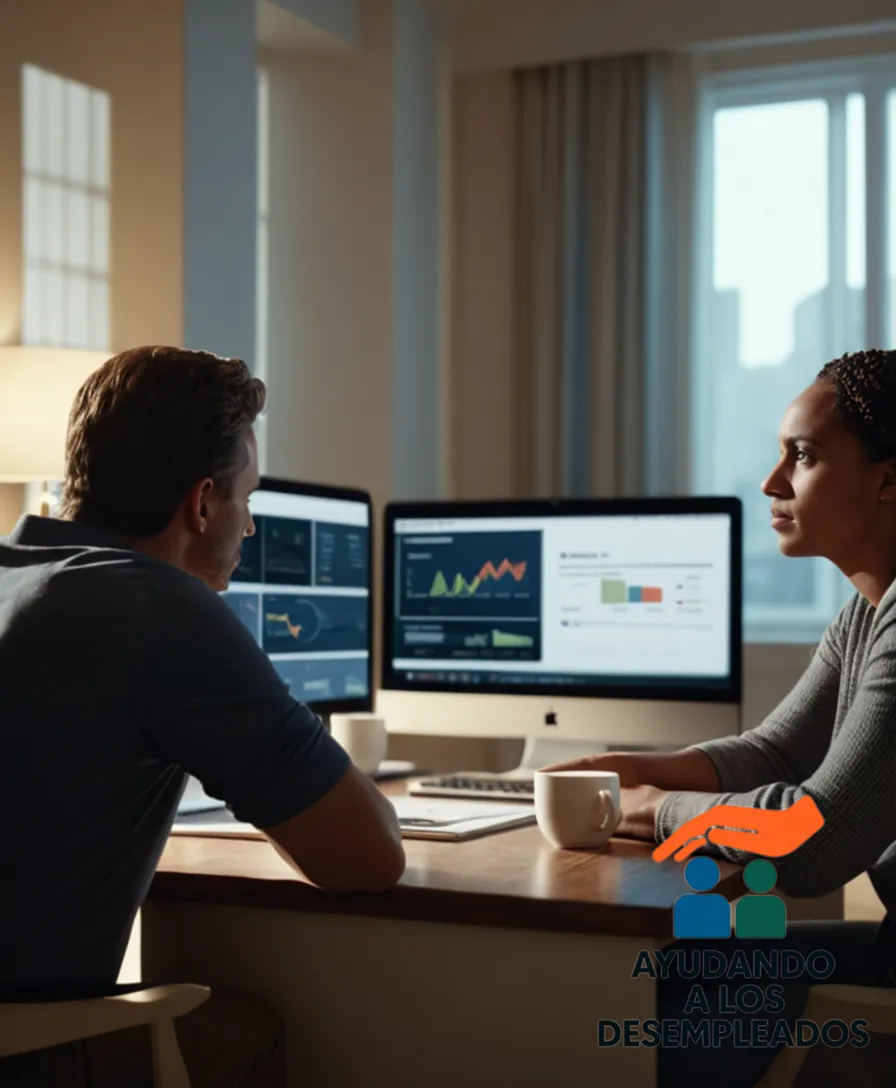 A photo collage of two people sitting in a living room, looking worried but determined, surrounded by stacks of unpaid bills, laptop screen displaying a government website on subsidies for laid-off employees facing mortgage payments, and an imposing financial graph in the background.