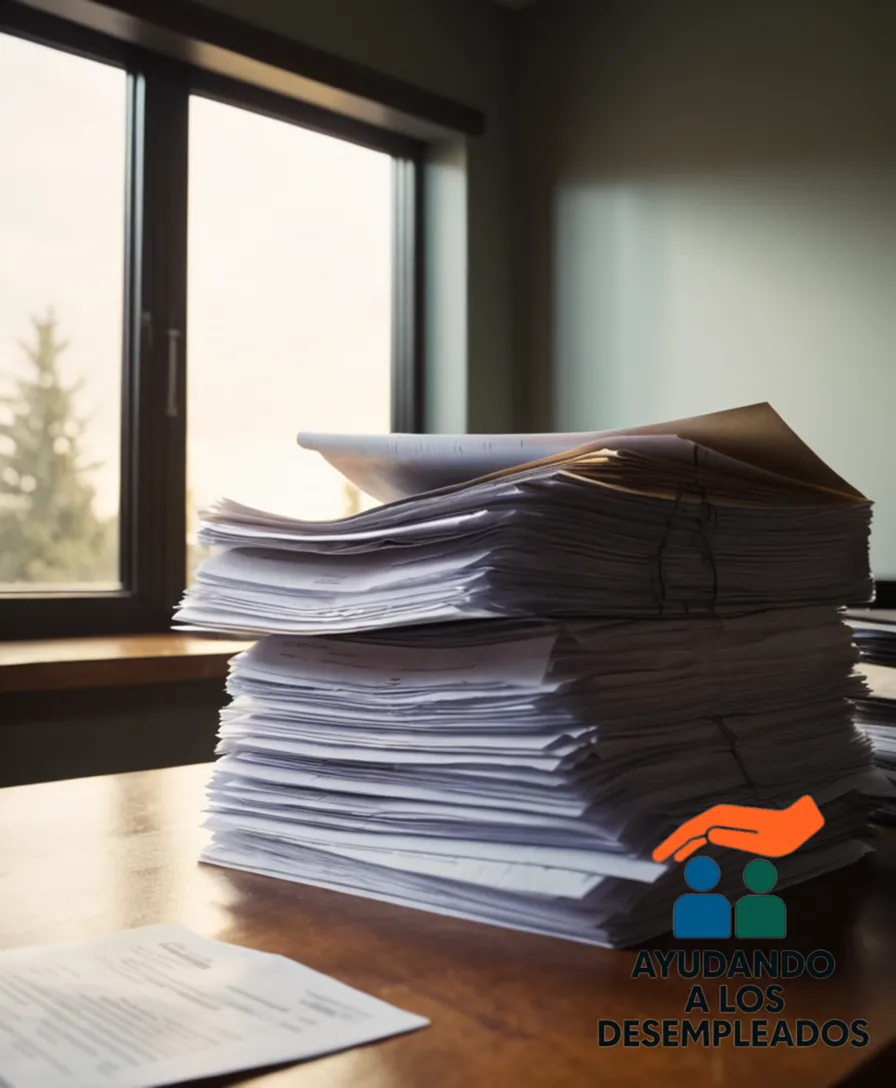 a close-up photograph of a stack of neatly organized folders and paperwork on a worn, wooden desk, with a faded printout of a bank statement in the background, all illuminated by soft, muted sunlight filtering through a dusty window, symbolizing the often-overwhelming administrative tasks of claiming unemployment benefits.