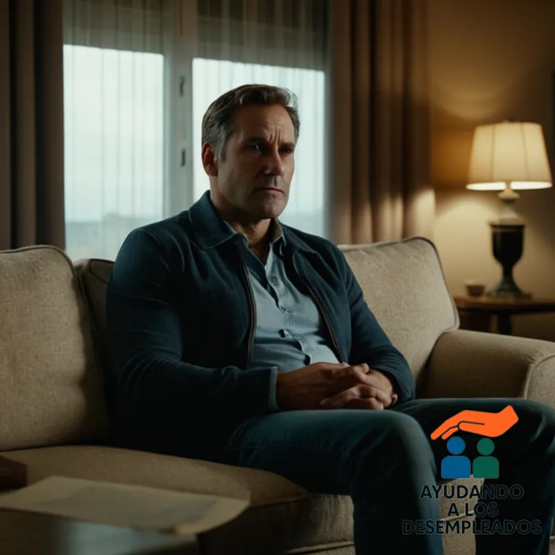 a somber-faced man in his mid-40s, sitting on a worn-out couch in a small, cluttered living room, surrounded by unpaid bills and credit statements, with a faint cityscape outside the window reflected in the tears in his eyes.