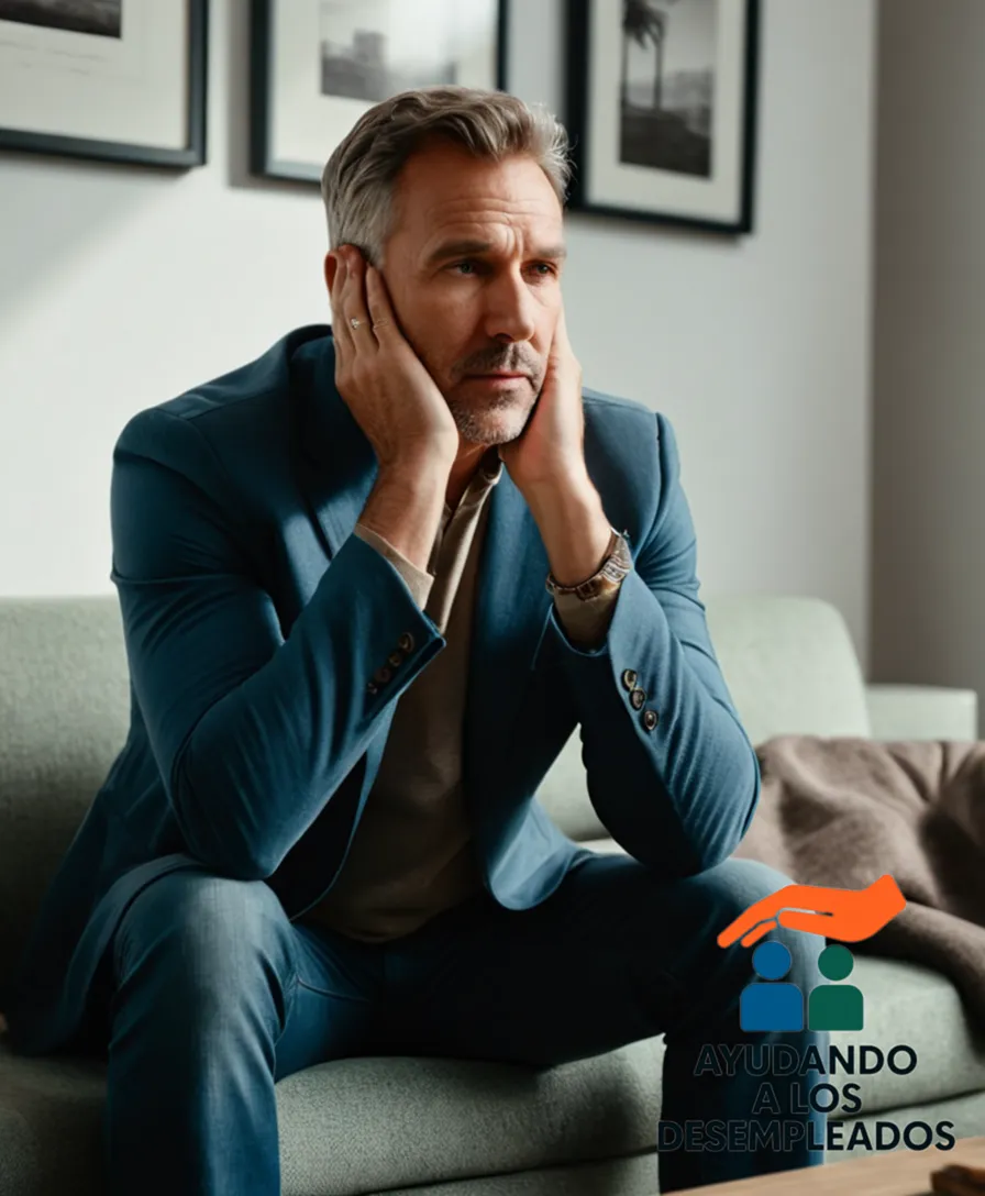 a worn-out couch placed in front of a plain white wall, with a single worn suitcase next to it, and a figure of a middle-aged man, probably a desempleado, sitting on the couch with his head in his hands, staring at a document or a brochure from a Subvención program for Vivienda Social.