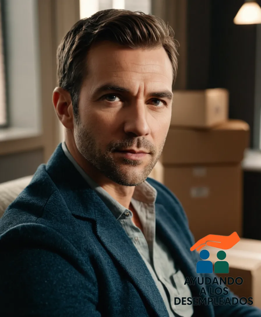 a solemn-looking man in his mid-30s, dressed in casual yet worn clothing, sitting on a couch in a sparse but clean public housing unit, surrounded by cardboard boxes and papers, staring intensely at a government brochure detailing subventions for unemployment benefits, with a faint sunlight casting a humble glow through the window in a drizzly urban setting.