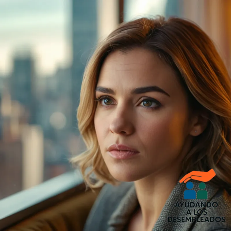 an unsmiling young woman in her mid-twenties, sitting on the edge of a worn couch, surrounded by cluttered city views through grimy windows, holding a sheet listing rejection criteria for housing subsidies, her gaze directed downwards in disappointment.