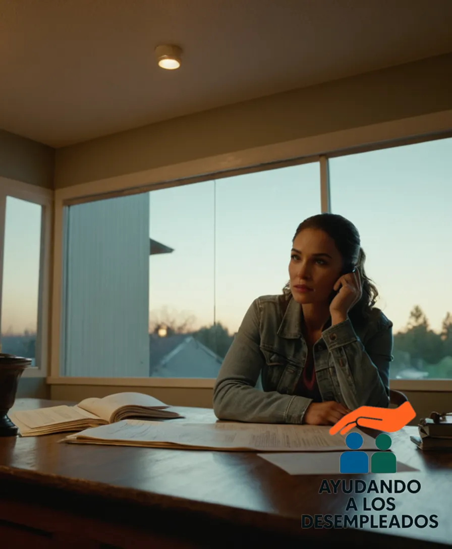 A distressed homeowner, mid-30s, sitting amidst mortgage documents and financial papers scattered on a worn, wooden desk, looking at a closed and padlocked front door behind them, under a dimly lit fluorescent ceiling, with a faint suburban landscape visible through the dirty window.