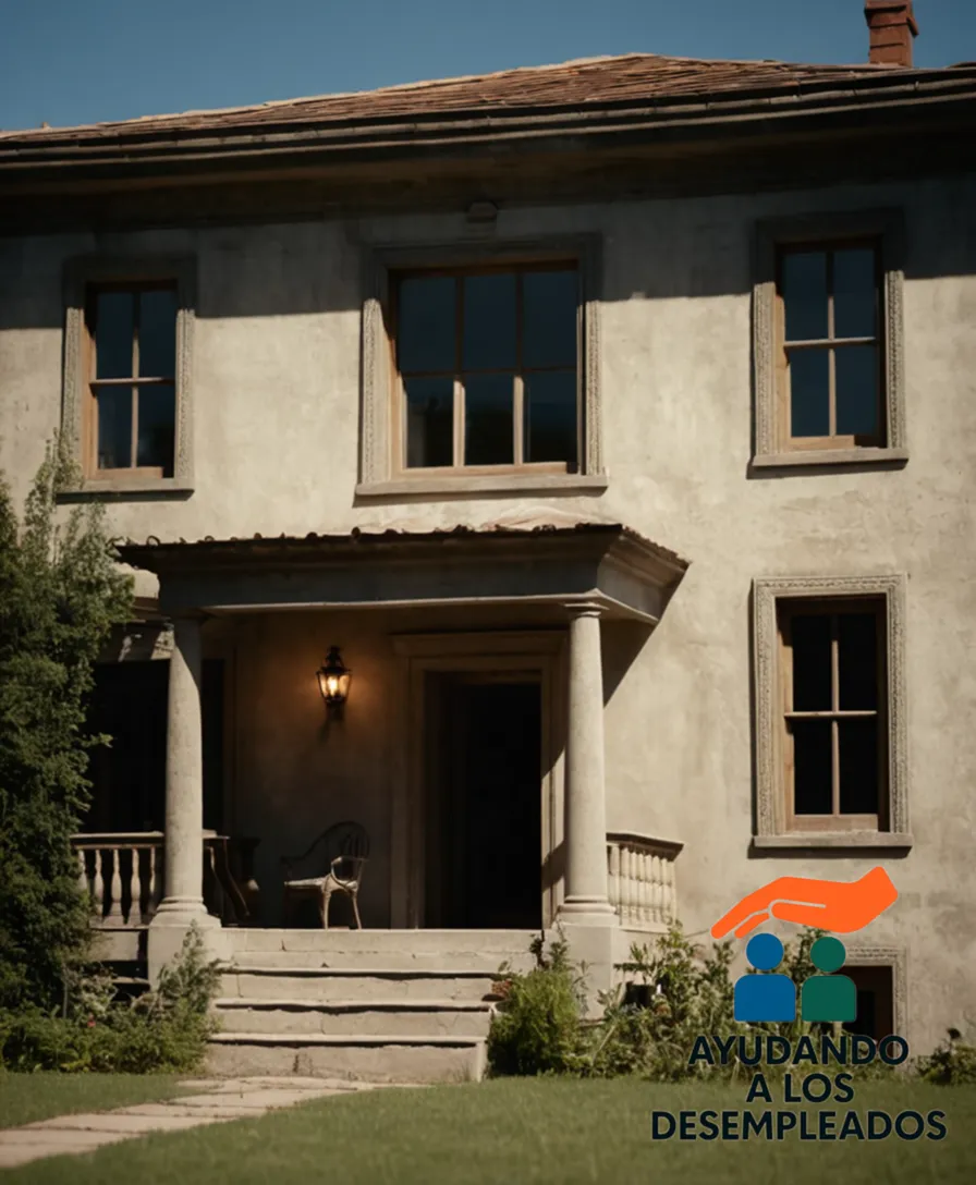 A worn cement house façade with its windows partially uncovered to allow natural light in, as a gentle afternoon sun casts elongated shadows on its faded walls, while an owner sorts through energy bills and expenses on the worn front porch.