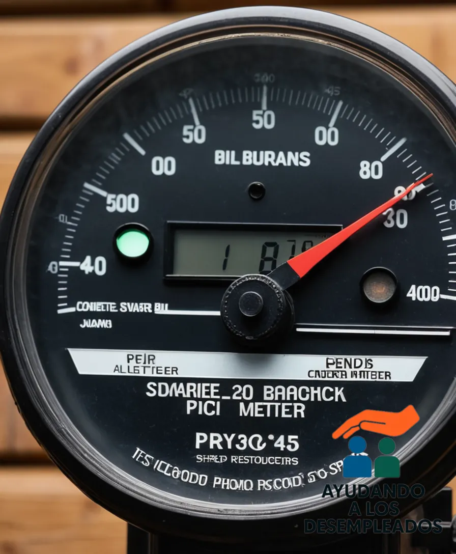 A close-up view of a household water meter with its dial needle stuck at an alerting high-usage spike, situated on a worn wooden porch next to a faded bill notice displaying a shocking number, set against the backdrop of a typical suburban home.