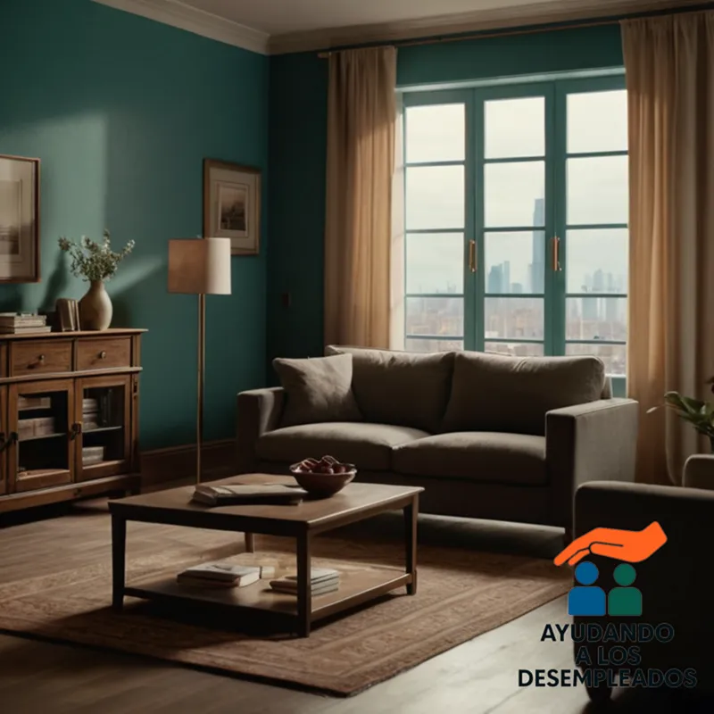 A dimly lit living room of a modest-sized apartment, with worn-out furniture and faded wall paint, surrounded by stacks of unpaid utility bills and financial statements, a clear indication of economic struggle, amidst a background of city life's hum of activity.