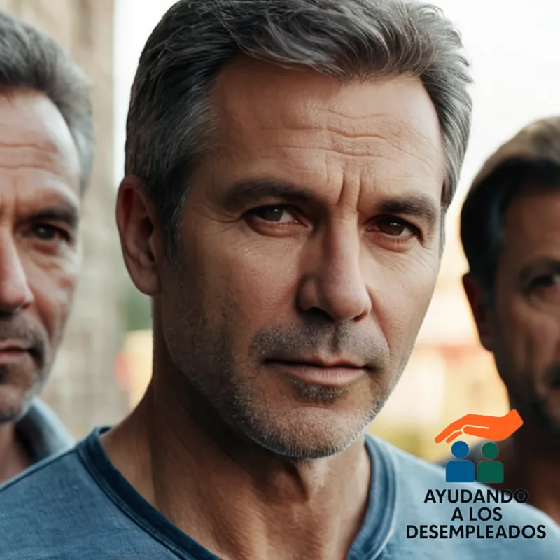 A group of three somber-faced middle-aged men in worn-out jeans and faded t-shirts standing outside a moderately-sized government-subsidized housing complex made of grey concrete and glass, its entrance adorned with a mural depicting hope and integration.