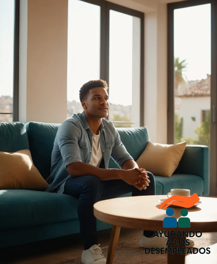 a warm and inviting photograph of a young unemployed adult, dressed in casual yet neat attire, sitting comfortably on a stylish but economically-priced sofa in a welcoming living room, surrounded by sunlight streaming through large windows overlooking a tranquil Spanish street, highlighting the sense of hope and stability.