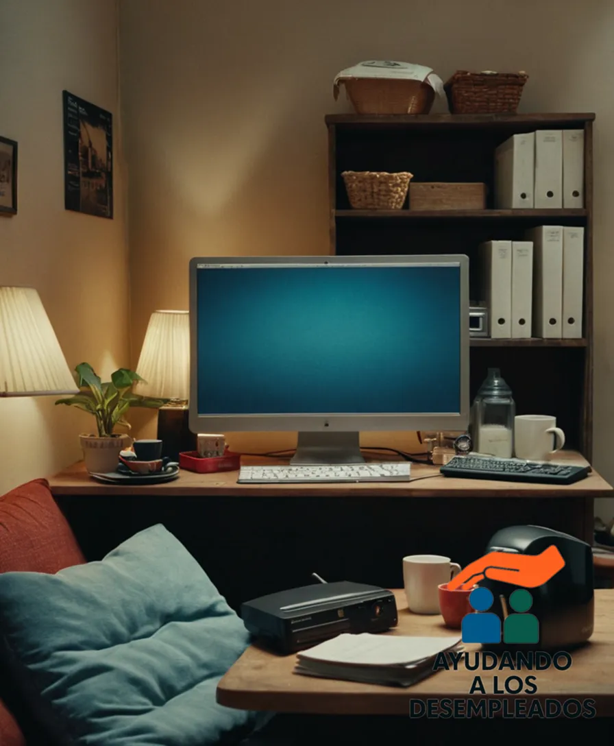 A photorealistic depiction of a cluttered but hopeful young woman's studio apartment in Spain, with faded job listings on the fridge, worn couch cushions, and a worn-out laptop on a small desk, contrasted by a neatly organized box labeled 
