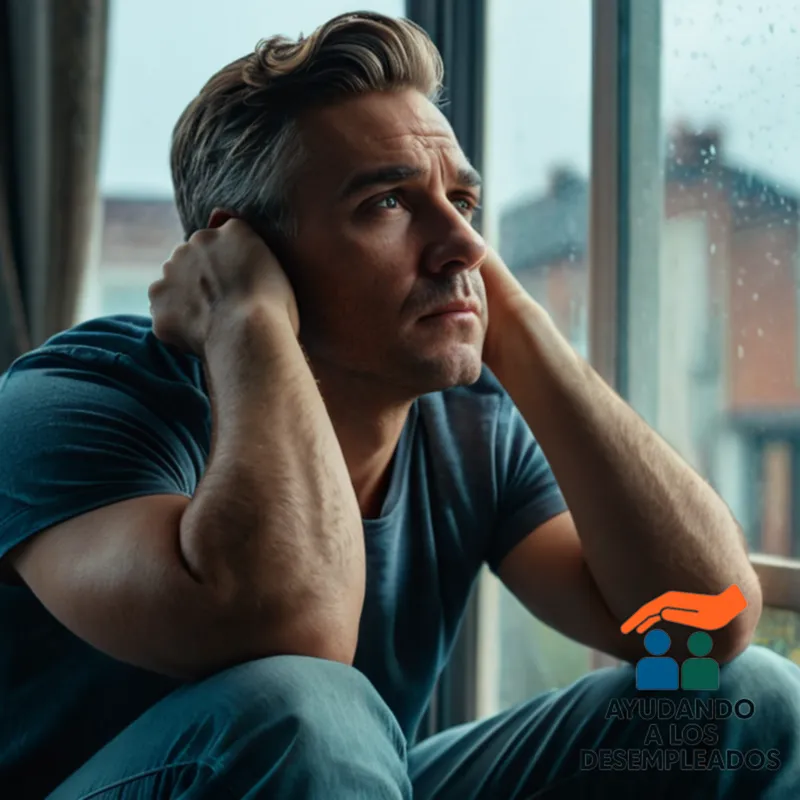 A weary individual, mid-30s, sitting on a worn armchair in a modest living room, with a few small boxes scattered around them, staring out of a grimy window at a cloudy sky, their hands folded on their knees in a defeated pose.