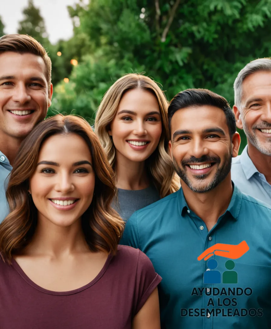 A group of six smiling empleados standing together in front of a newly renovated two-story house, surrounded by lush greenery, with windows open to illuminate their hope-filled faces, reflecting a promising new beginning amidst vibrant colors and optimistic energy.