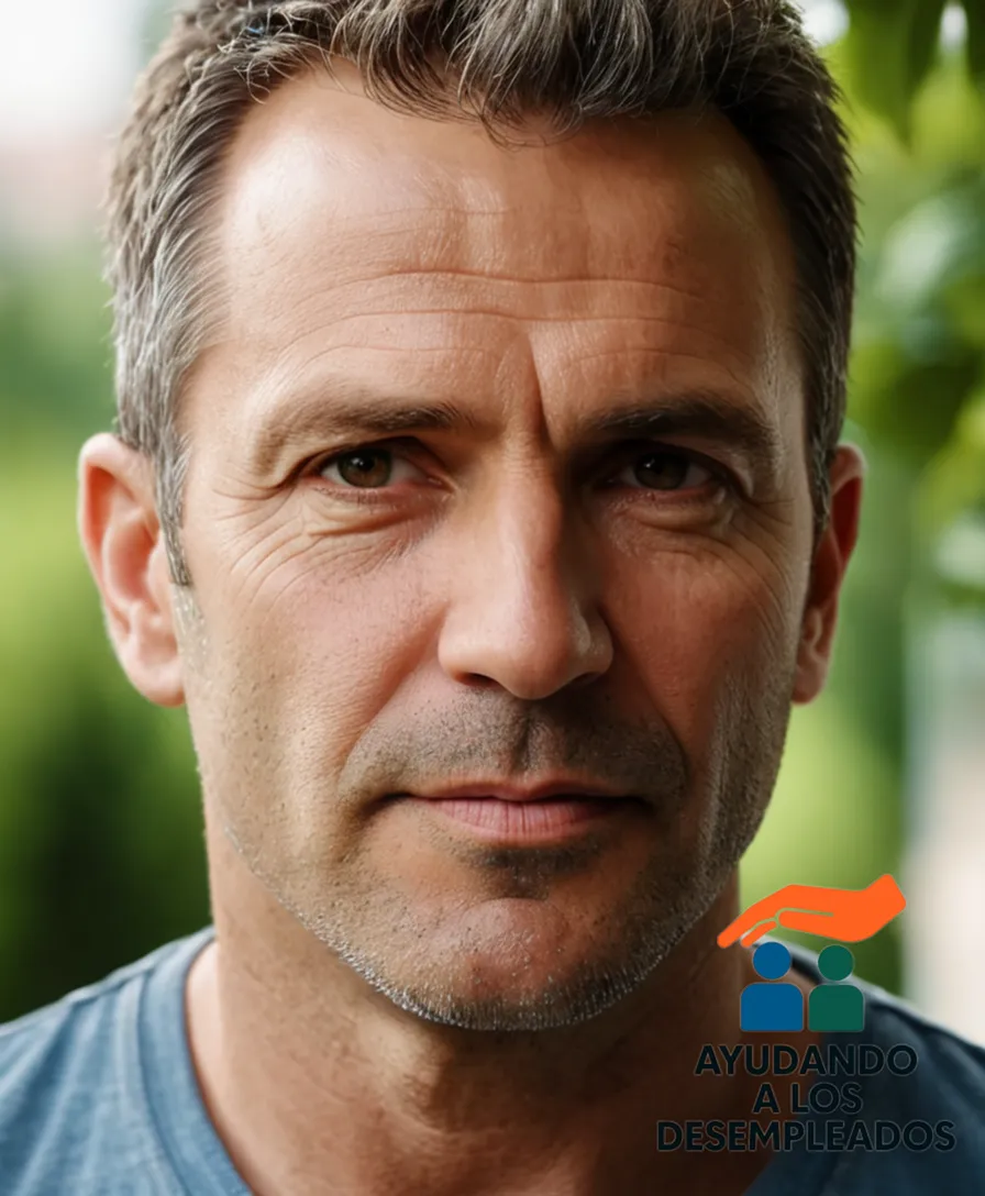 A man in his mid-40s with a worn-out expression, dressed in a faded t-shirt and jeans, standing in front of a small, brightly painted building with an open door, surrounded by lush greenery and a faint glimpse of a tranquil cityscape beyond.