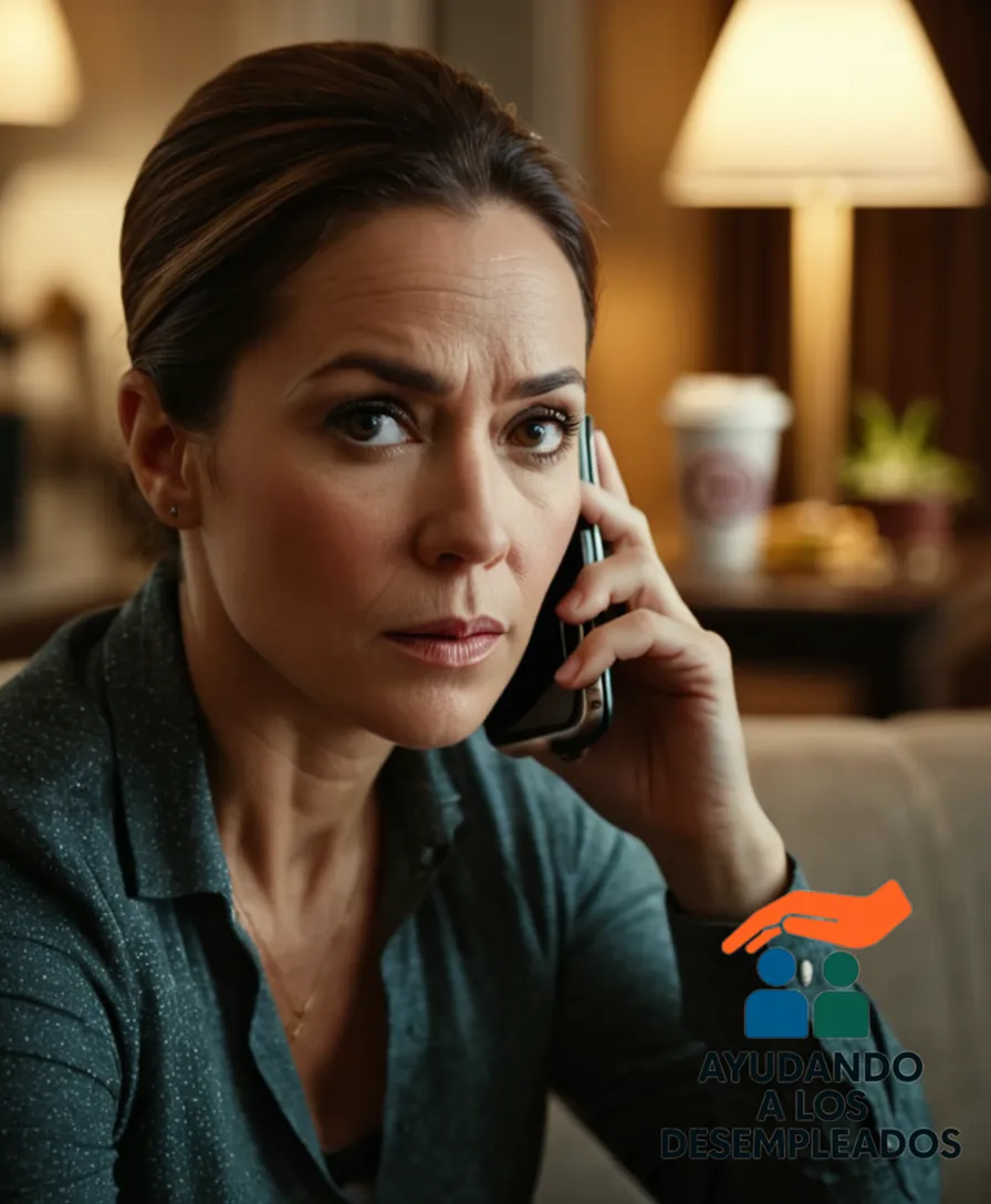 A mid-age, weary-looking person, likely in their 40s, sitting on a worn-out couch in a modest living room, surrounded by stacks of unpaid bills and empty takeout containers, while staring at a smartphone displaying a job search app with a skeptical expression.