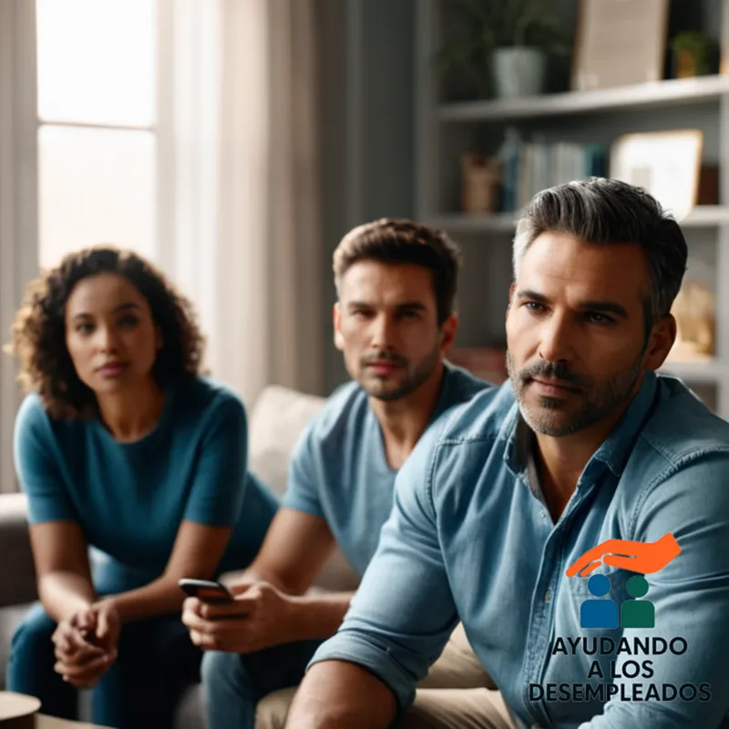 A group of three unemployed workers sitting on a worn, gray couch in a modest living room, surrounded by bland walls, cluttered bookshelves, and large windows letting in soft sunlight, all while gazing at a smartphone displaying various housing app results.