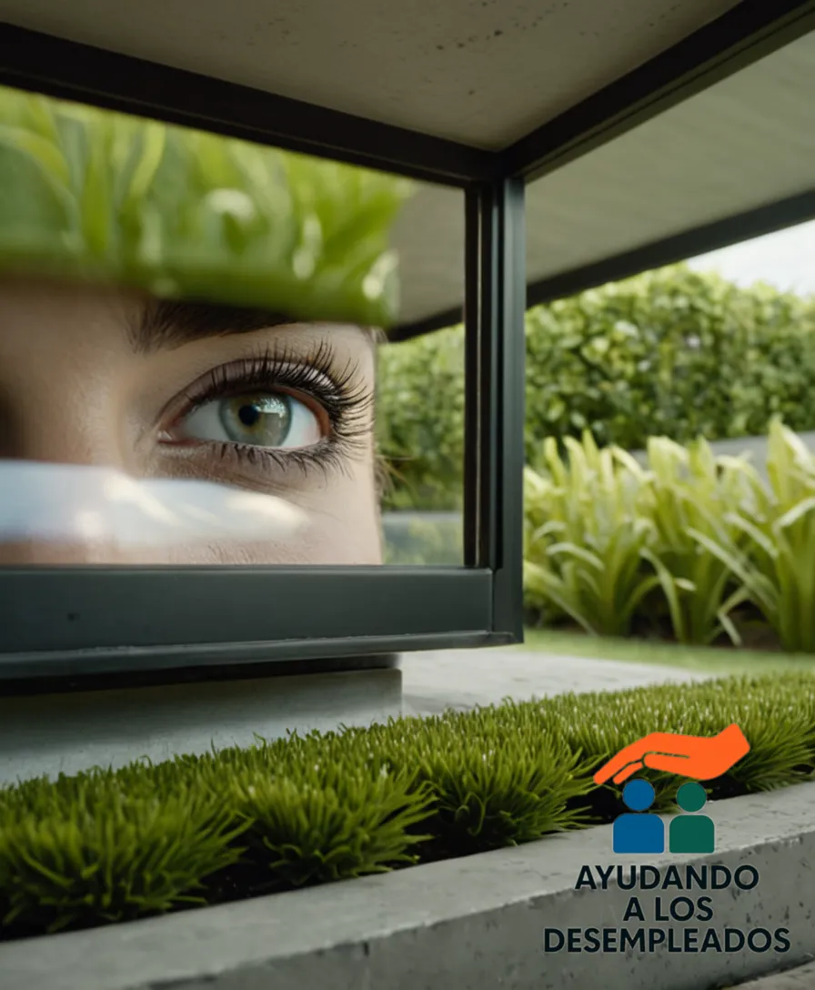 A worn yet sturdy, single-story concrete structure with a pitched tile roof, surrounded by a patchy lawn and overgrown gardens, emitting a sense of stability amidst the chaos, with several workers in casual attire visible through its windows, some sitting on the grass outside.